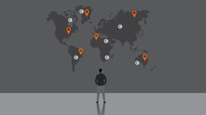 Grafische Darstellung einer Person, die vor einer Weltkarte steht, auf der Unternehmensstandorte weltweit abgebildet sind