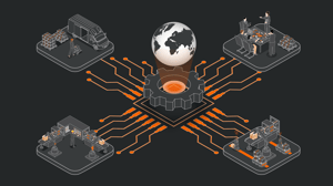 Darstellung eines internationalen Unternehmens mit verschiedenen Niederlassungen: Über Netzwerke kommunizieren sie und tauschen sicher und effizient Daten aus.