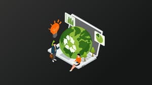 Vektorgrafik zweier Personen, eine sitzt und eine steht vor einem überdimensionalen Laptop, darauf eine grüne Erdkugel, daneben Grafiken, die Green IT untermauern sollen.