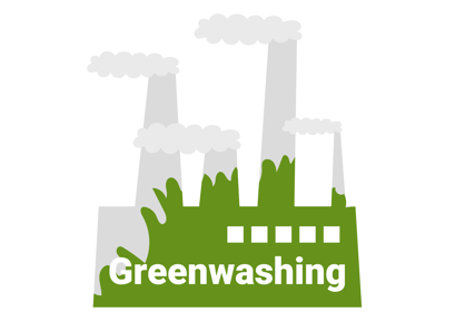 Vektorgrafik mit einer Fabrik mit rauchenden Schloten und anderen Umweltverschmutzungen, aber grün gefärbt, dazu der Schriftzug „Greenwashing“ 