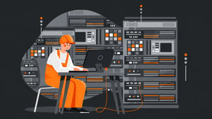 Ein Netzwerktechniker analysiert im Rechenzentrum eine Routing Table am Monitor, um Route Flapping zu troubleshooten. 