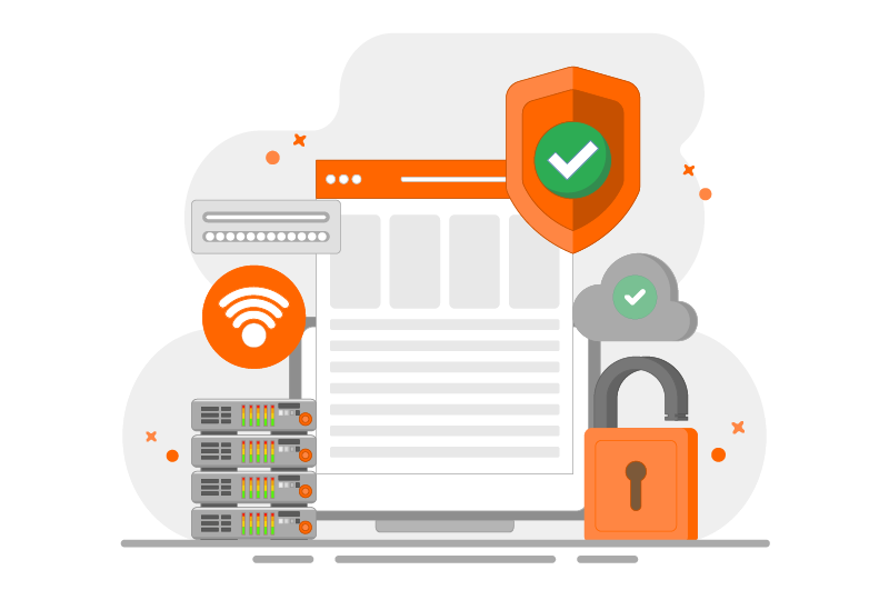 Netzwerk-Illustration mit sicherem DNS-Server, DNS-Filter und symbolischer Firewall zur Abwehr von Cyberangriffen.