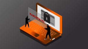 Grafik mit zwei Kriminellen, die symbolisch eine Ransomware installieren. Der richtige Schutz verhindert dies.